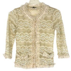 Ryu Womens S Lace Jacket Frog Button Hook Cream Pearl Detail 3/4 Sleeves Granny